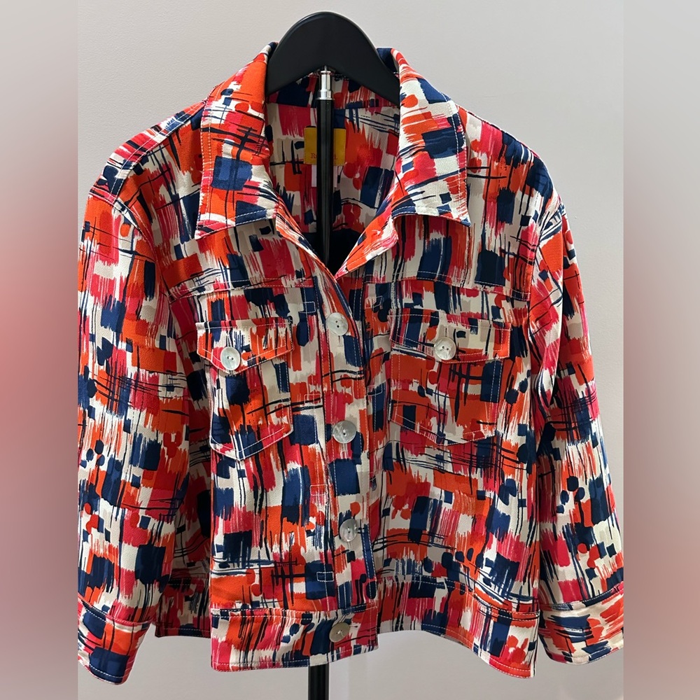 Ruby Red Abstract Brushstroke Shirt Jacket in Red, Navy & White